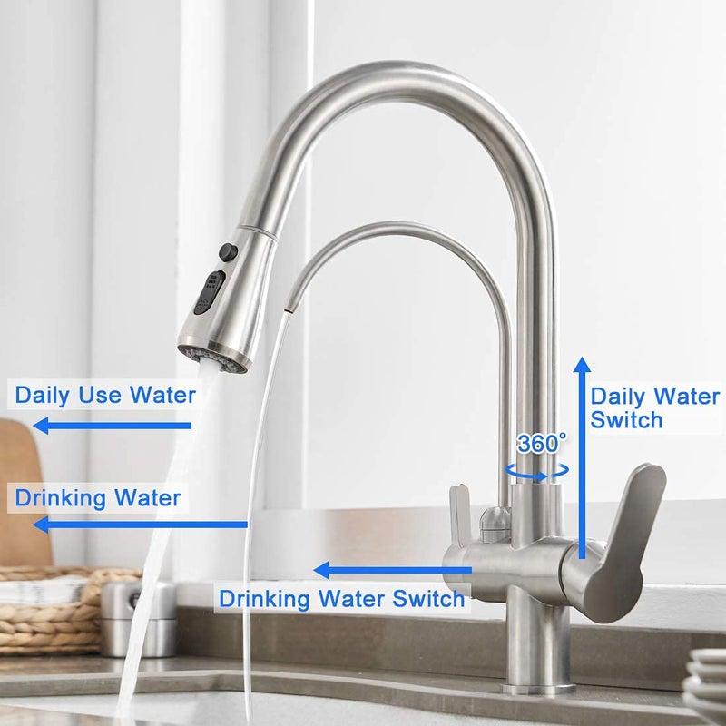 MENATT Filter Kitchen Faucet with Drinking Water Faucet, High Arc Pull Down 3-Way Kitchen Faucet, 3 in 1 Sink Cold and Hot Mixer Tap (Brushed Nickel) - Image 4